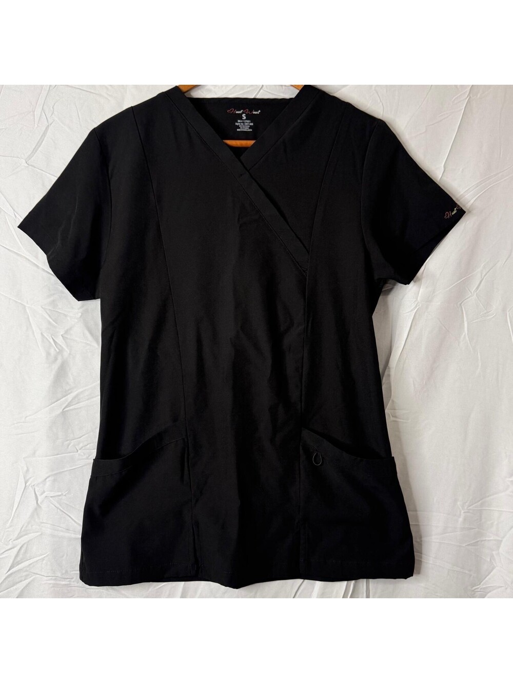 Heal Wear Scrub Top Womens S Black V-Neck Wrap Pockets Stretch